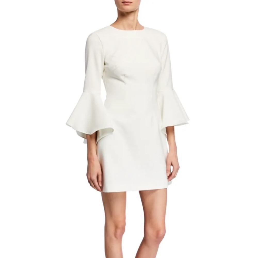 Likely Mallory Crewneck Flounce-Sleeve Mini Dress in White